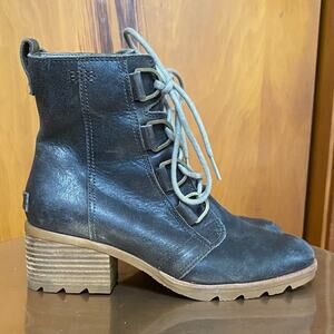 NWOT Sorel Gray Waterproof Suede Leather Lace-Up Boots Tan Wood Block Heel 2”